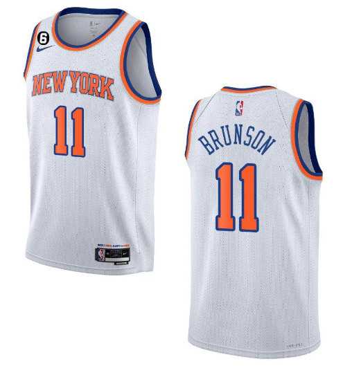 Men's New Yok Knicks #11 Jalen Brunson White With NO.6 Patch Stitched Basketball Jersey Dzhi